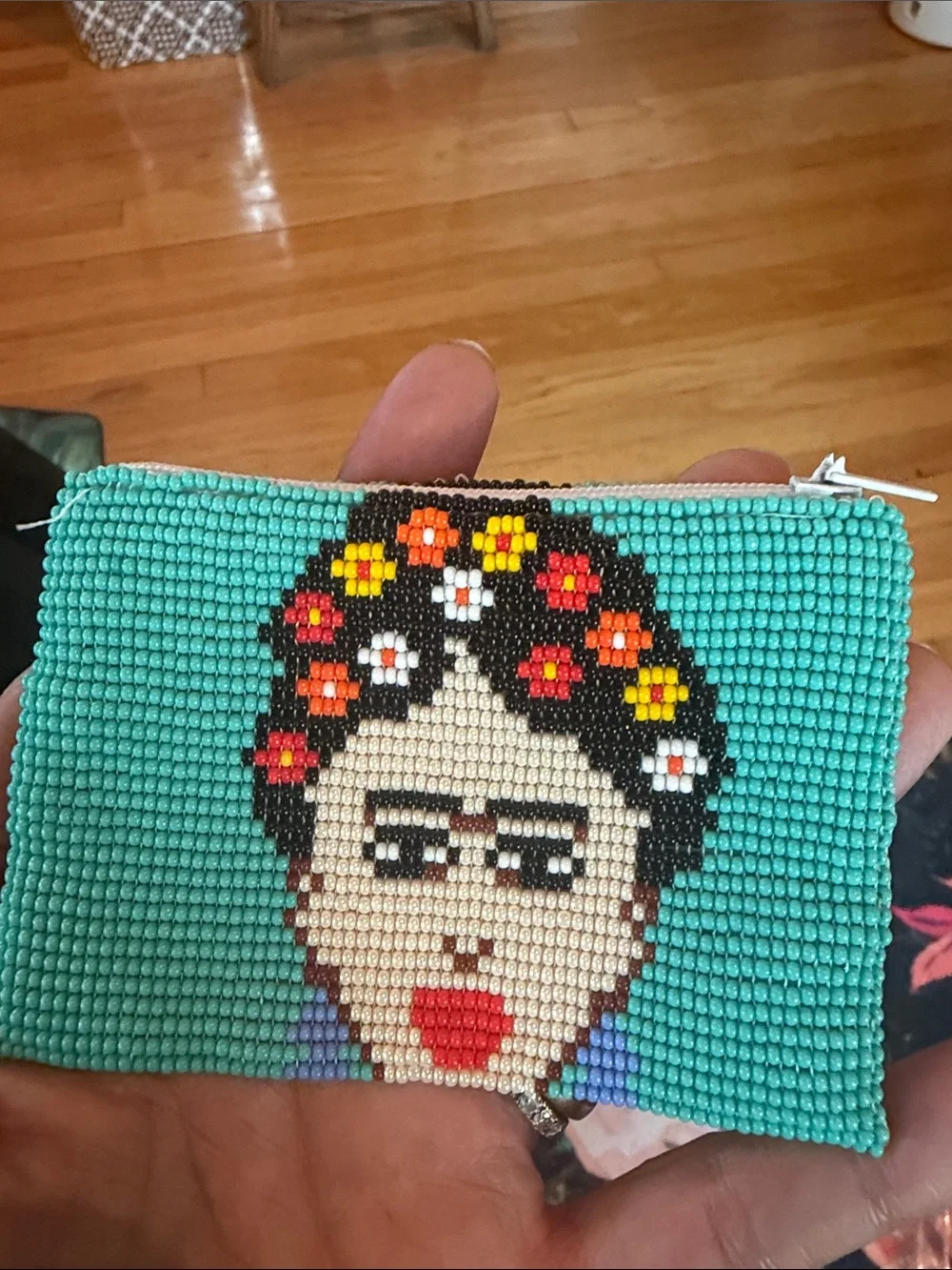 Beaded Frida Kahlo Mosaic Coin Pouch in Turquoise